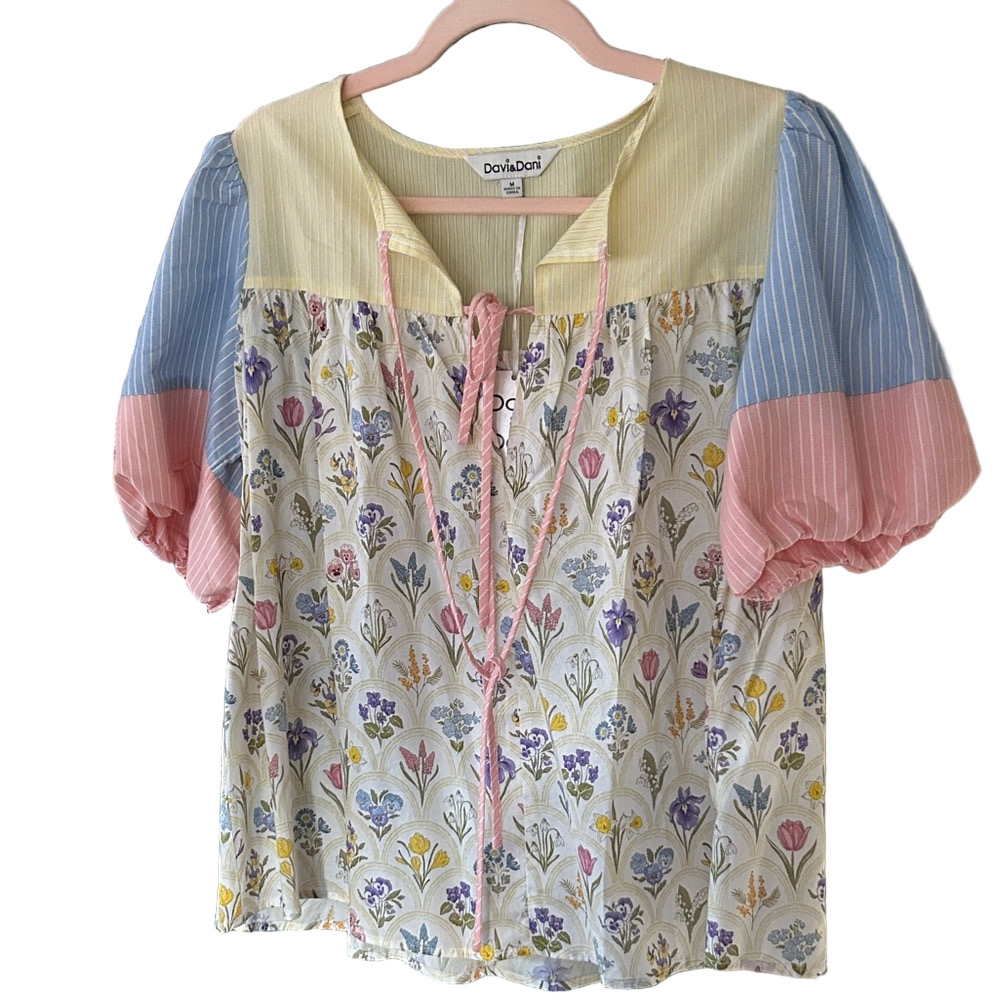 DAVI & DANI Pastel Floral Patchwork Peasant Blouse in Yellow, Pink, Blue, Cream